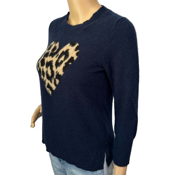 J. Crew Everyday Pure Cashmere Crewneck Sweater with Leopard Heart Blue Size S - Picture 4 of 12